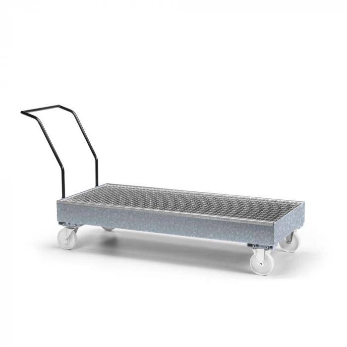Fahrbare Auffangwanne Typ RFW - Stahl - mit Gitterrost - für 3 x 200 Liter Fass - Rad-Ø 175 mm aus Polyamid - verzinkt