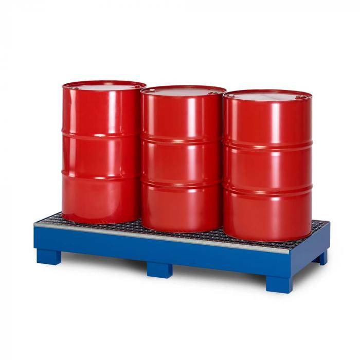 Auffangwanne Typ RWG-3 aus Stahl - mit Gitterrost - passend für 3x 200 Liter Fass - Unterfahrhöhe 100 mm - RAL 5010 enzianblau