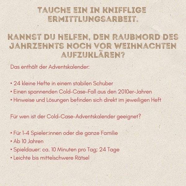 Die Rätselbibliothek. Adventskalender – Cold Case: Der Raubmord des Jahrzehnts: Mit 24 Krimi-Rätseln durch den Advent