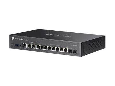 Ein schwarzer TP-Link Netzwerk-Switch mit acht Ethernet-Ports und einem USB-Port, der zum Verbinden mehrerer Geräte in einem Netzwerk verwendet wird.
