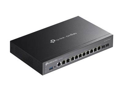 Ein schwarzer TP-Link Omada Switch mit mehreren Ethernet-Anschlüssen, auf dem das TP-Link Logo und die Marke zu sehen sind. Geeignet für Netzwerkverbindungen.