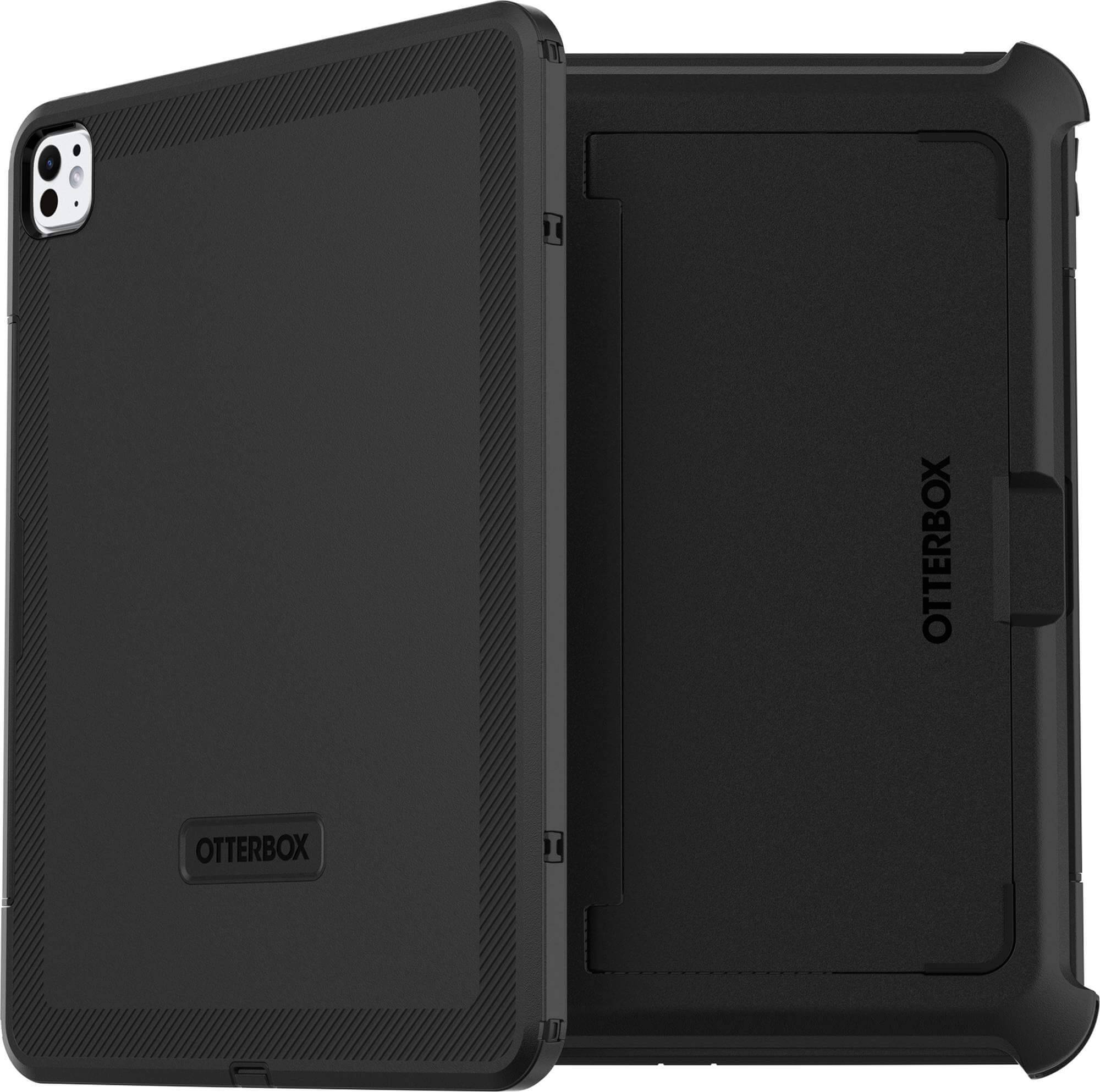 Schwarze OtterBox-Tablet-Schutzhülle aufgeklappt, mit strukturiertem Schutzrücken und geformter Frontschale.