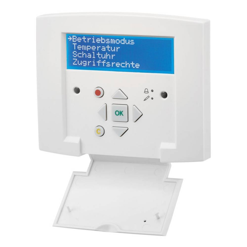 Ein weißes elektronisches Bedienfeld mit einem LCD-Bildschirm, der deutschen Text anzeigt: 'Betriebsmodus, Temperatur, Schaltuhr, Zugriffsrechte', und Navigationsschaltflächen.