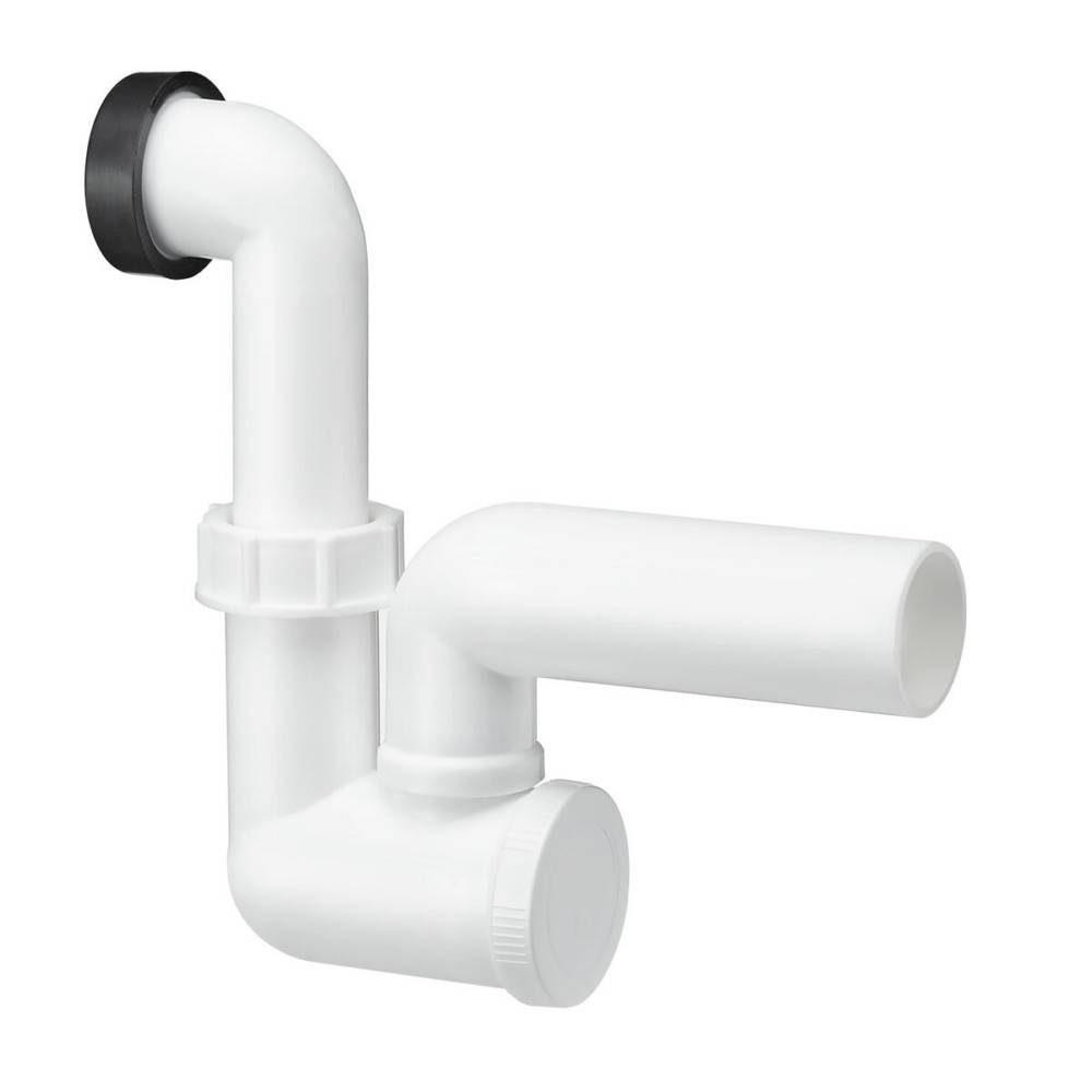 Ein weißes Kunststoff-P-Siphon-Rohrstück, das für die Sanitärinstallation entwickelt wurde, mit einer L-förmigen Krümmung, einer Gewindeanschluss und einem seitlichen Abgang.