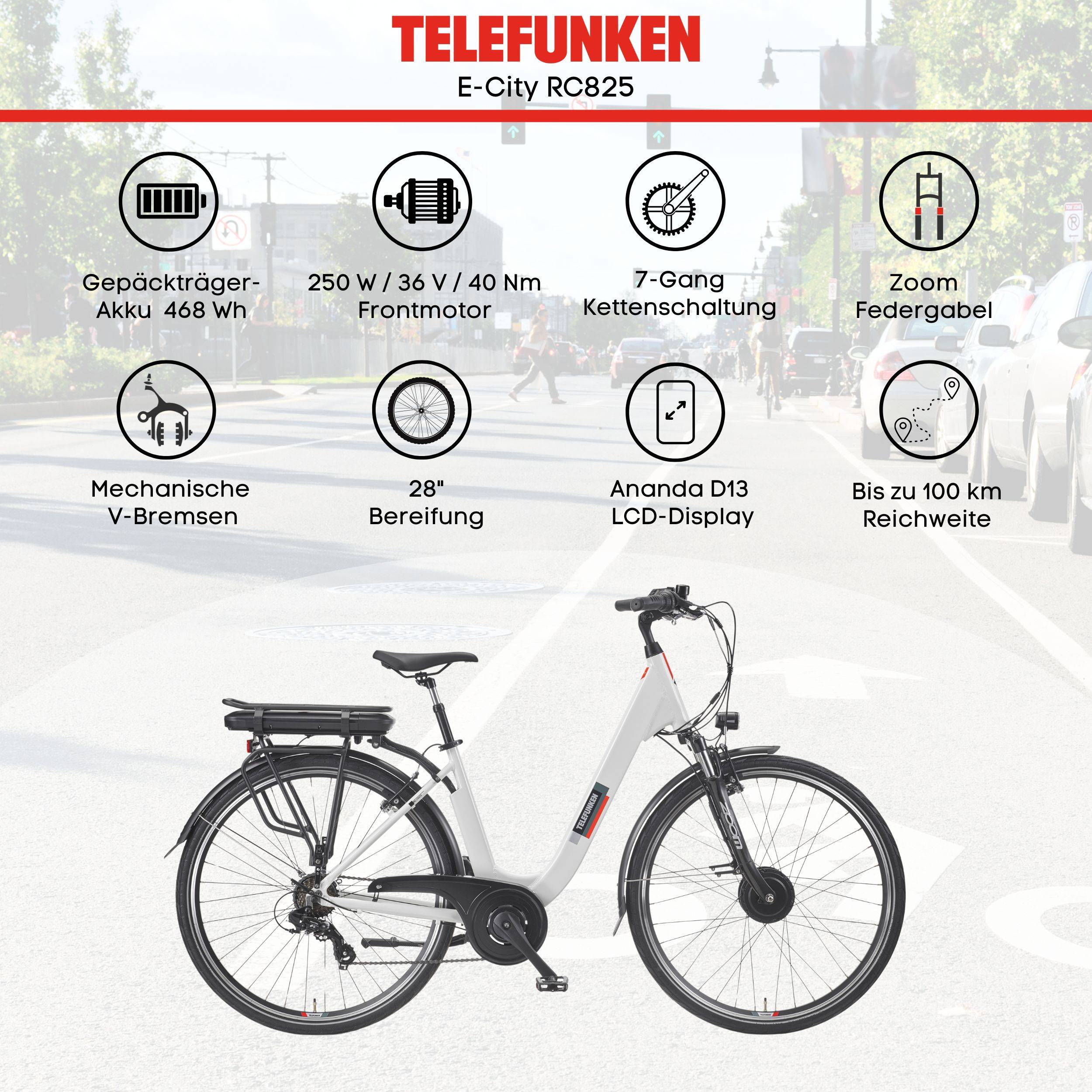 Telefunken City E-Bike Damen RC825 28 Zoll Frontmotor 7-Gang Kettenschaltung