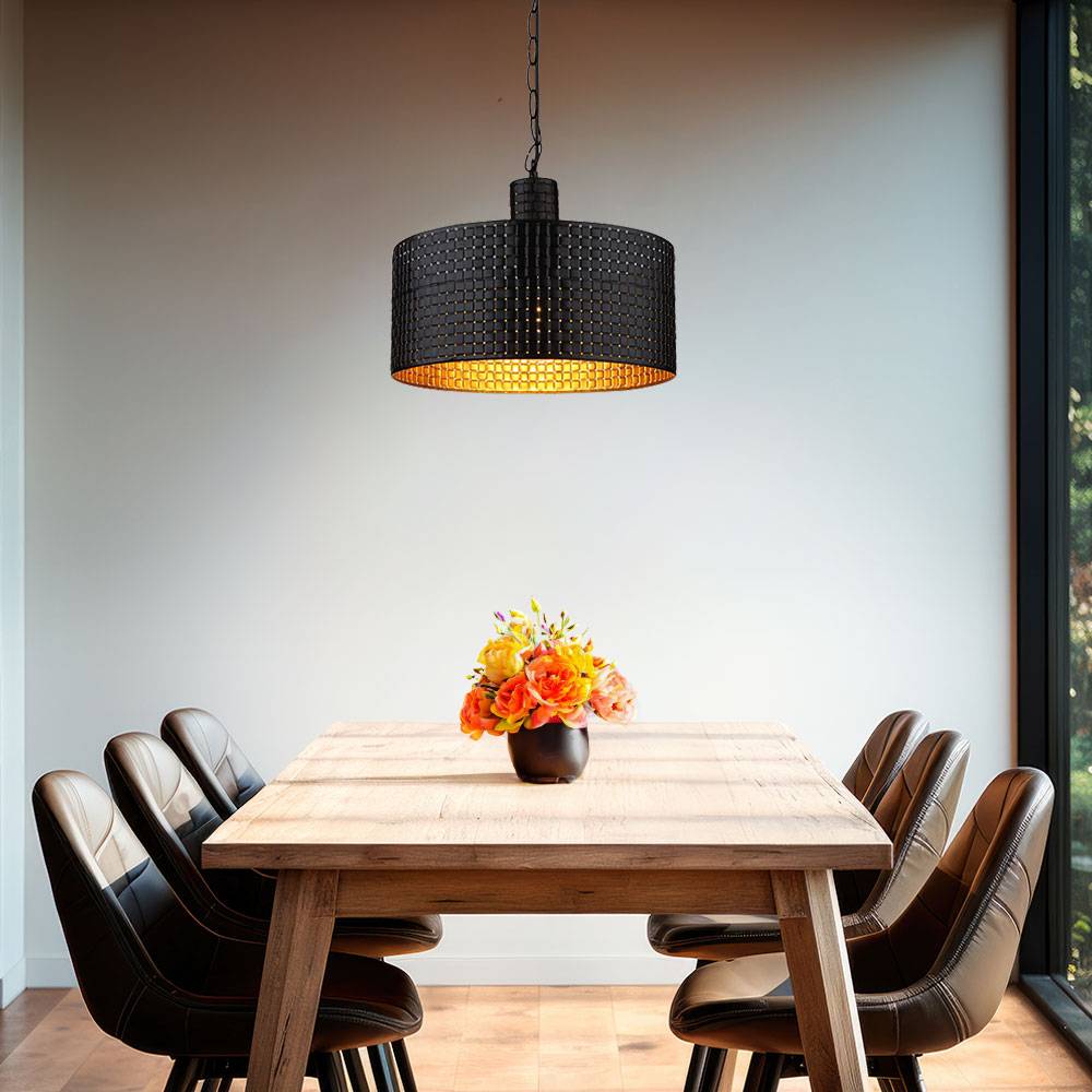 Pendelleuchte Hängelampe Esszimmerleuchte Pendellampe schwarz gold Holz 1 flammig, Metall MDF, 1x E27 Fassungen, DxH 35x120 cm