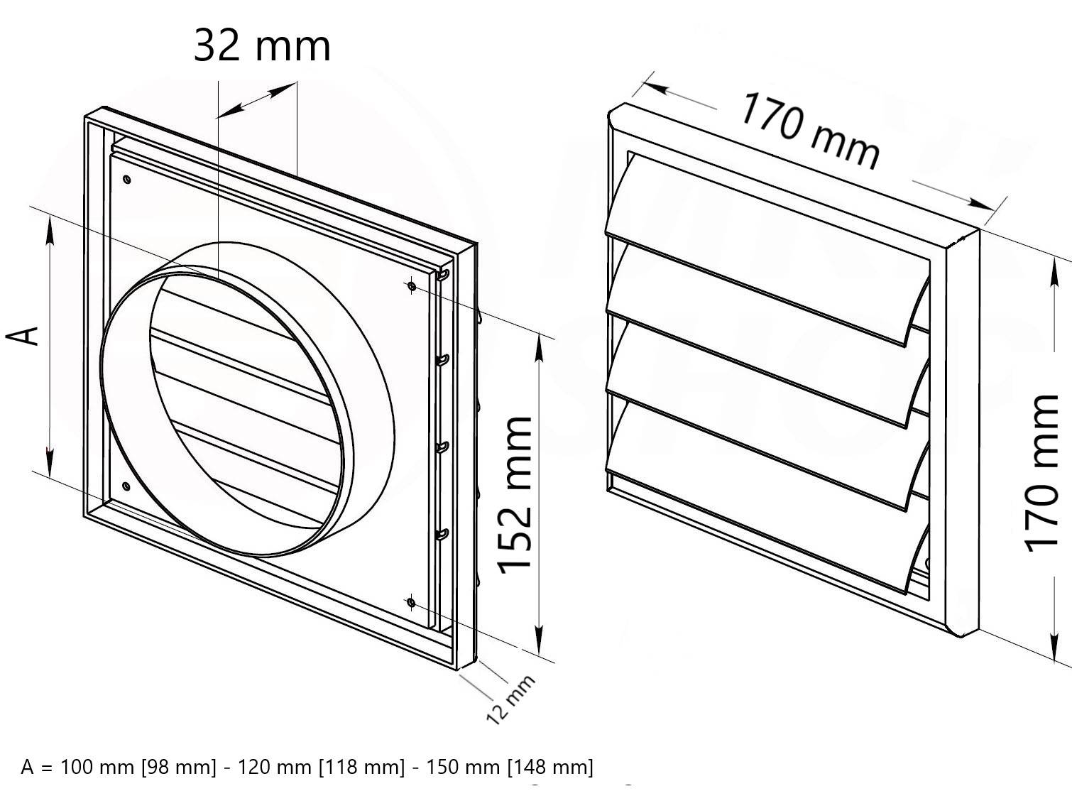 Lüftungsgitter Lamellengitter Wetterschutz Kunststoff Abluft 170 x 170 mm eckig Ø 125 mm anthrazit/graphit