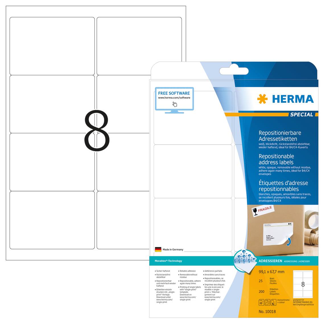 HERMA Special - Papier - matt - selbstklebend, neu positionierbar - weiß - 99.1 x 67.7 mm 200 Etikett(en) (25 Bogen x 8)