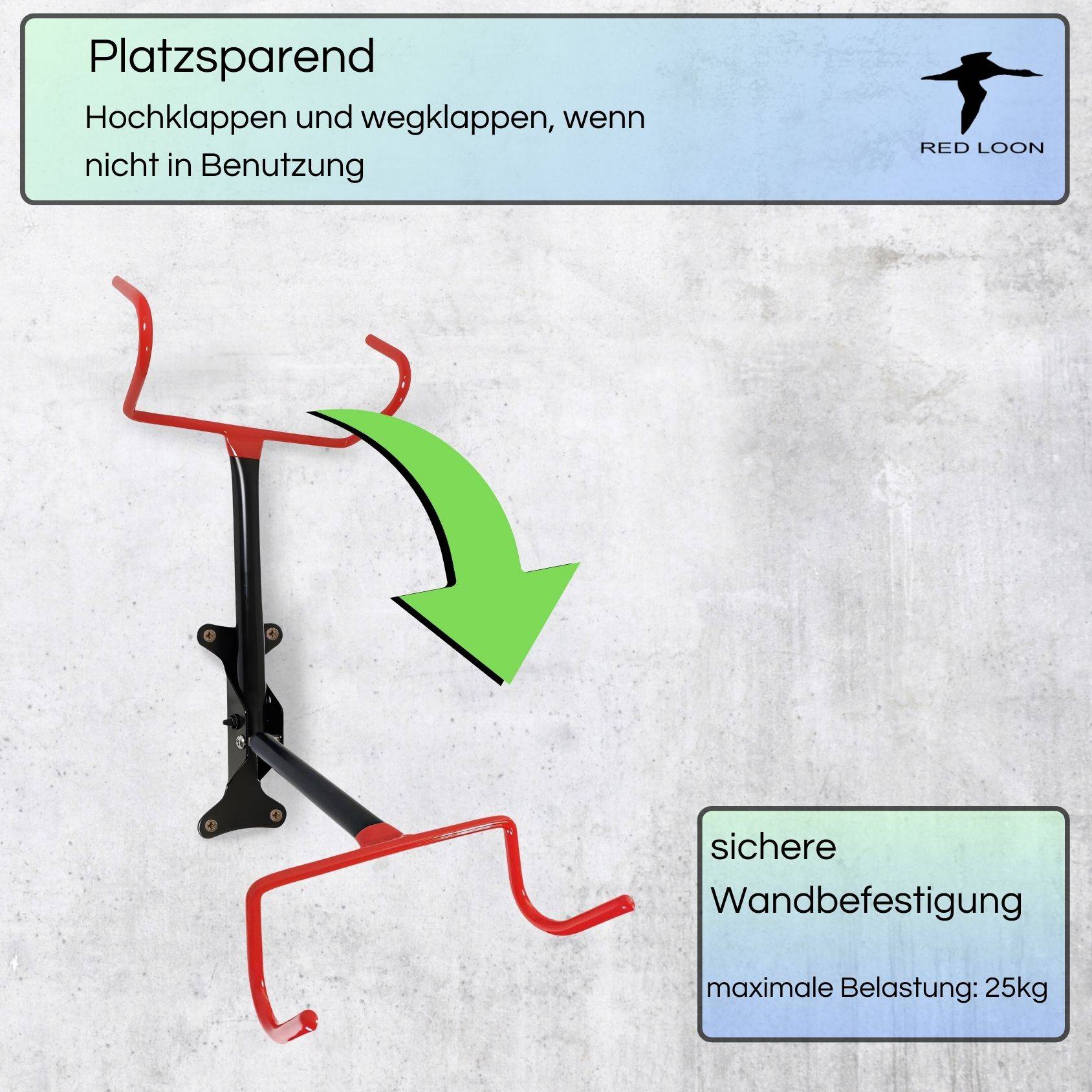 Red Loon Fahrrad Wandhalterung - klappbare Fahrradhalter - 25kg Tragfähigkeit - Fahrrad Aufhängung Wand - Fahrradhalterung Wand für Garage Keller