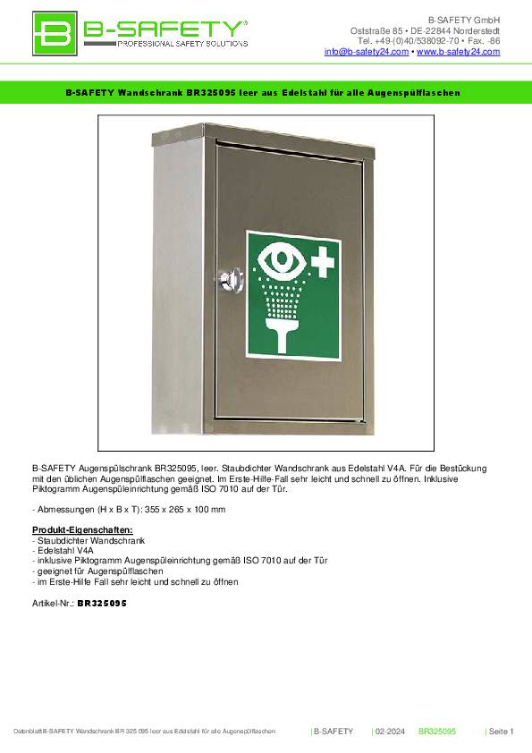 Augenspülschrank leer VA V4A inkl.Piktogramm z.Aufkleben B-SAFETY