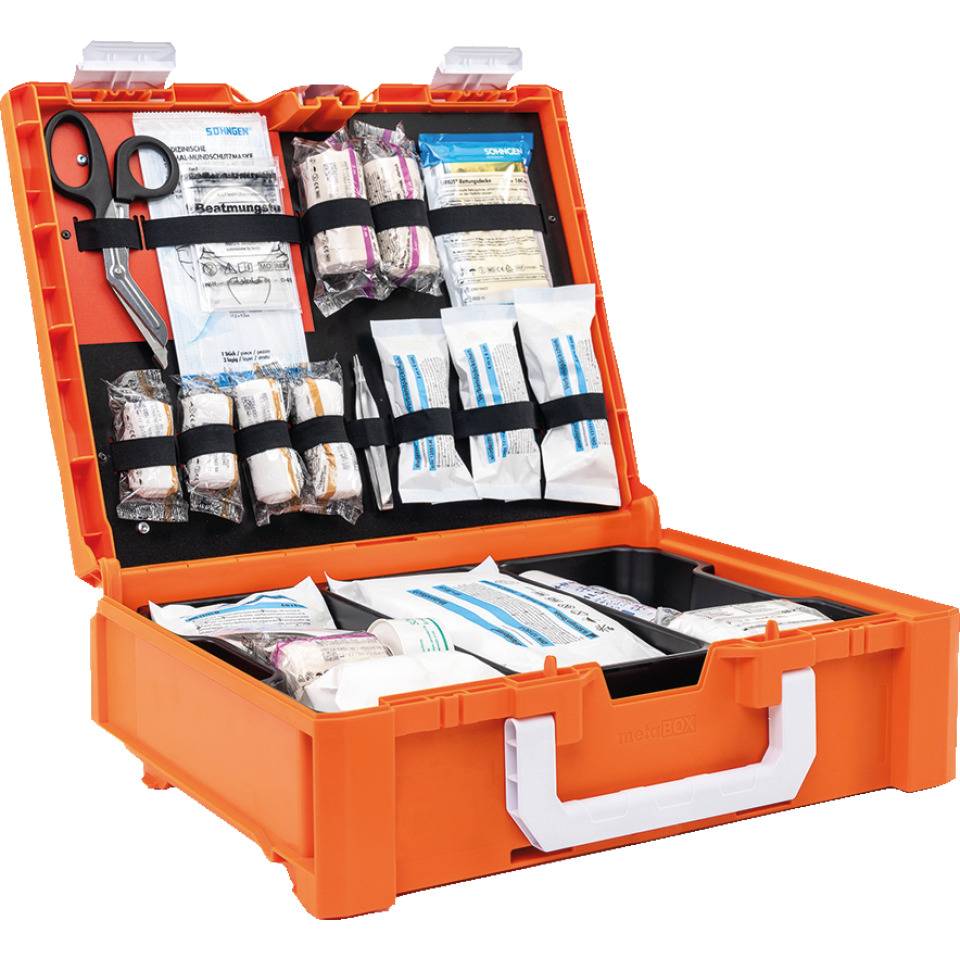 SÖHNGEN® Erste-Hilfe-Koffer metaBOX Baustelle, DIN 13157, orange, Traglast 125kg