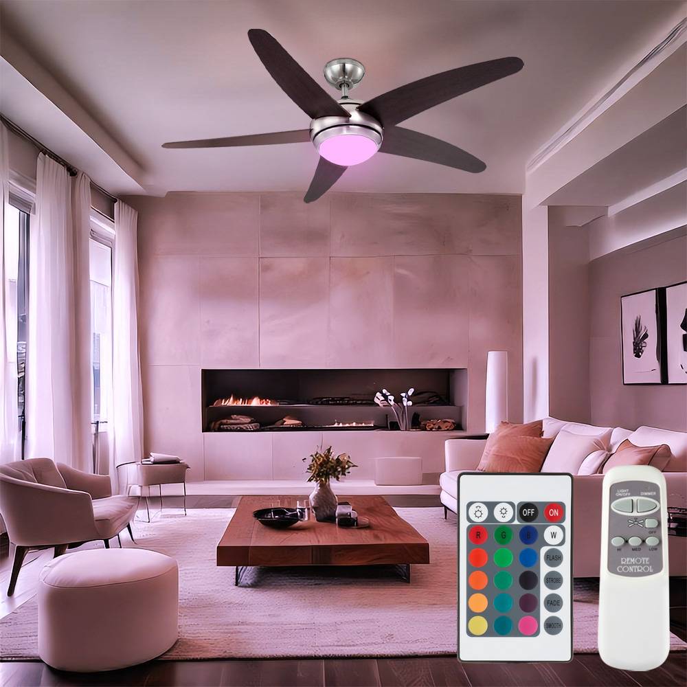 Deckenventilator Deckenleuchte Wohnzimmerlampe Raumlüfter Schlafzimmerleuchte mit Fernbedienung, Metall Glas MDF braun silber, dimmbar, 1x RGB LED