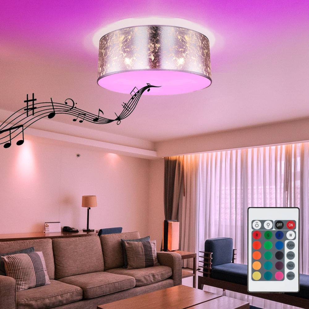 Deckenlampe mit Bluetooth Lautsprecher 40 cm Schlafzimmerlampe silber Deckenlampe Wohnzimmer, Fernbedienung dimmbar, 3x RGB LED 8,5W 806Lm warmweiß