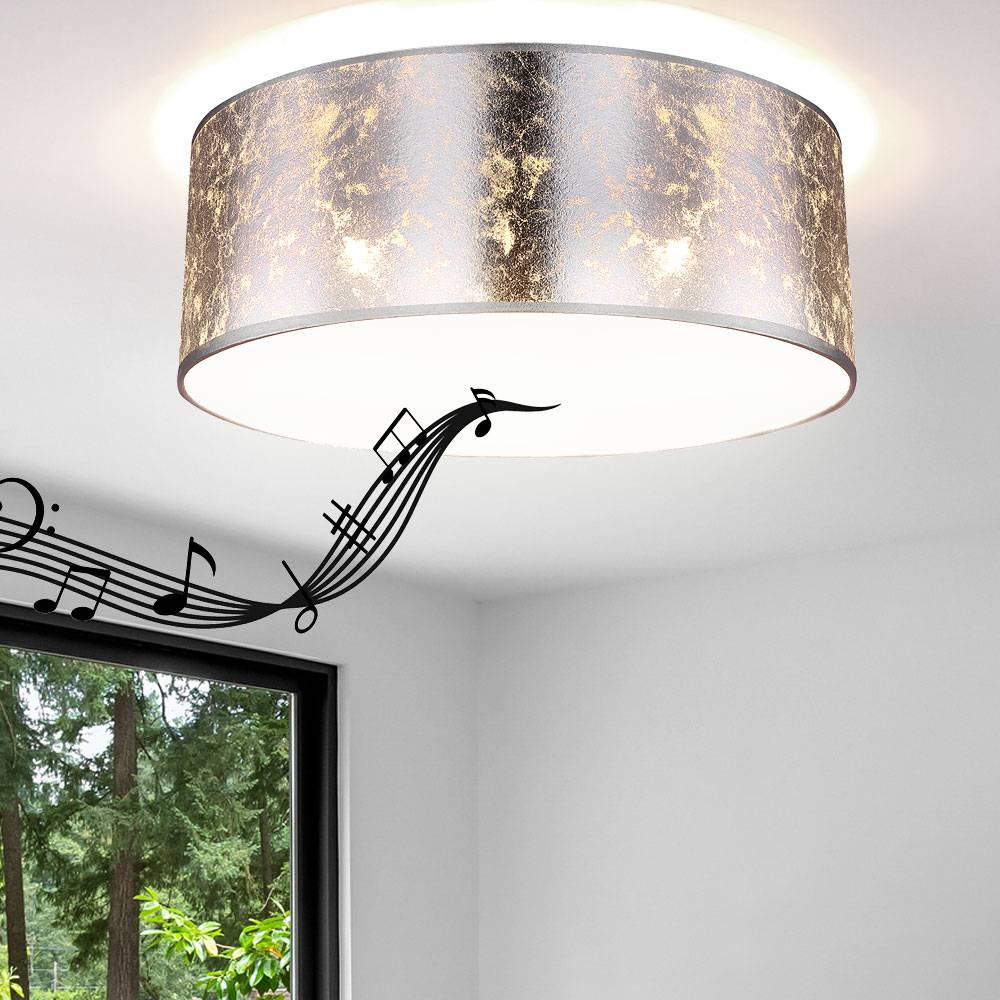 Deckenlampe mit Bluetooth Lautsprecher 40 cm Schlafzimmerlampe silber Deckenlampe Wohnzimmer, Fernbedienung dimmbar, 3x RGB LED 8,5W 806Lm warmweiß