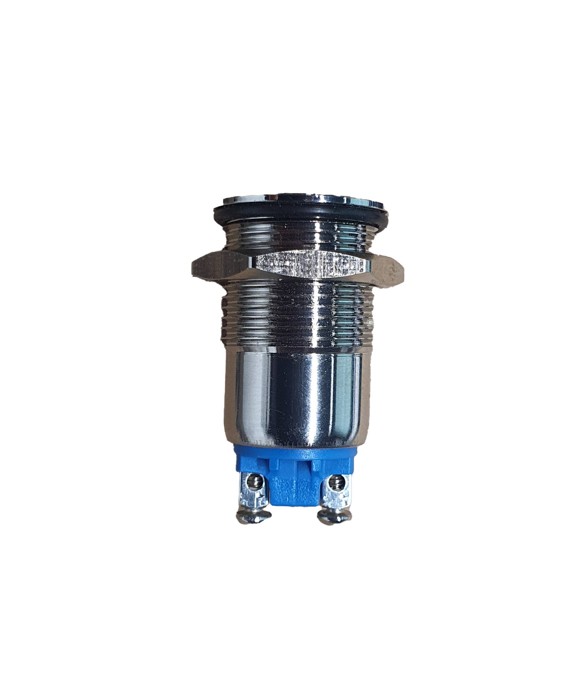 Vernickelter Druckschalter 16mm, schraubbar, IP65, Edelstahlknopf, 2A/250V AC, 1NO