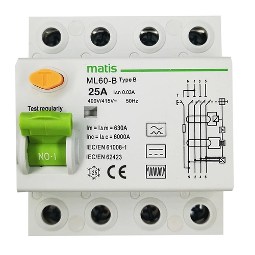 Matis FI Schutzschalter Typ B allstromsensitiv 30mA/25A 4-Pol Intertek Matis FI Schutzschalter Typ B allstromsensitiv 30mA/25A 4-Pol Intertek