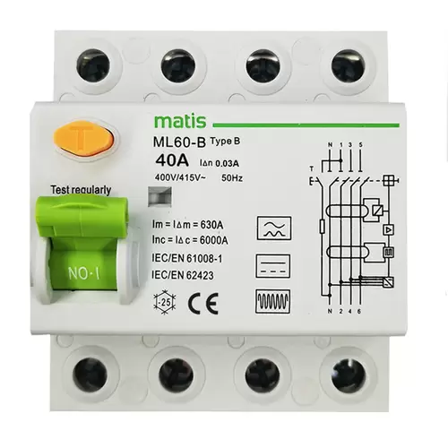 Matis FI Schutzschalter Typ B allstromsensitiv 30mA/40A 4-Pol Intertek Matis FI Schutzschalter Typ B allstromsensitiv 30mA/40A 4-Pol Intertek