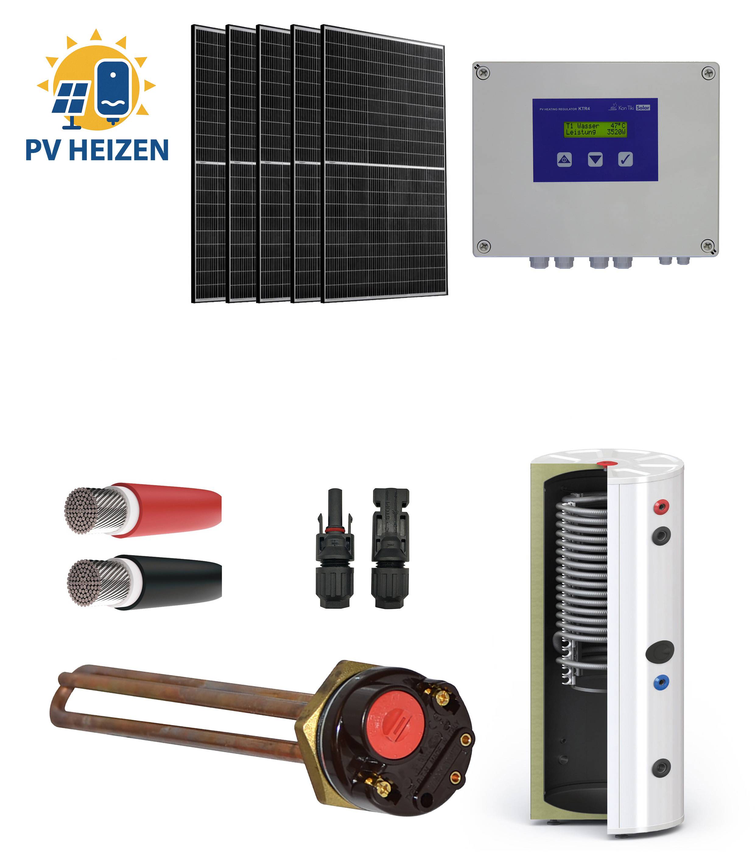 Komponenten des Solarheizungssystems umfassen Solarpanele, ein Steuermodul mit Tasten und Display, Steckverbindungen, Kabel und einen zylindrischen Warmwasserspeicher.