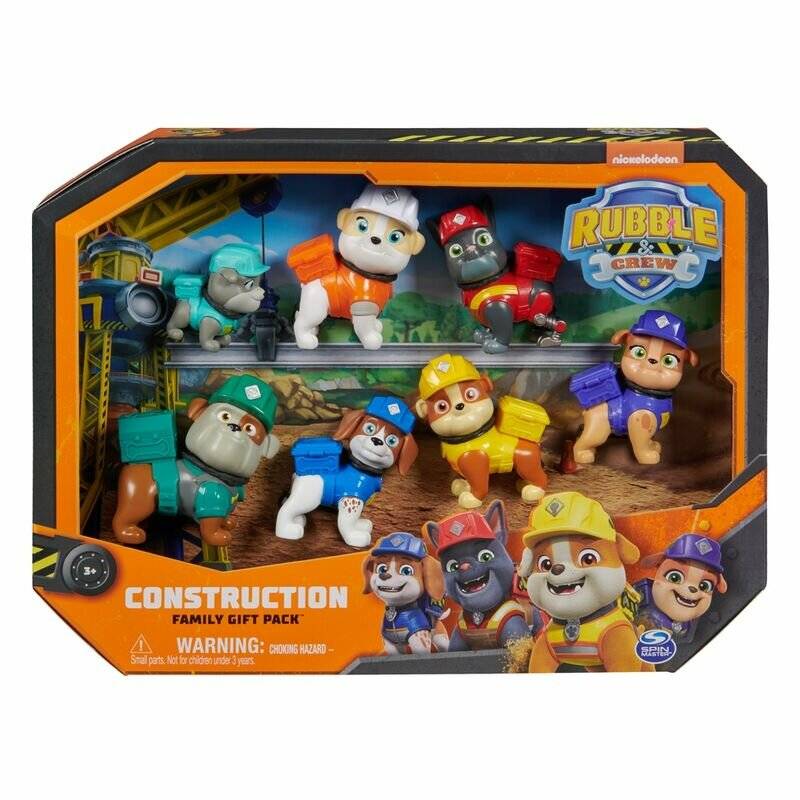 Rubble & Crew Konstruktionsfamilien-Geschenkset mit sieben Welpen-Charakteren in einer Anzeigeschachtel, gekennzeichnet mit 'Construction Family Gift Pack'.