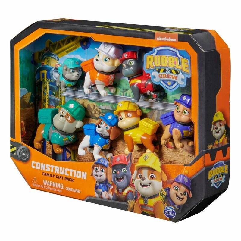 Rubble & Crew Bauthemen-Spielzeuggeschenkset mit sechs Welpenfiguren in einer Fensterbox in Orange und Schwarz, mit dem Logo „Rubble & Crew".