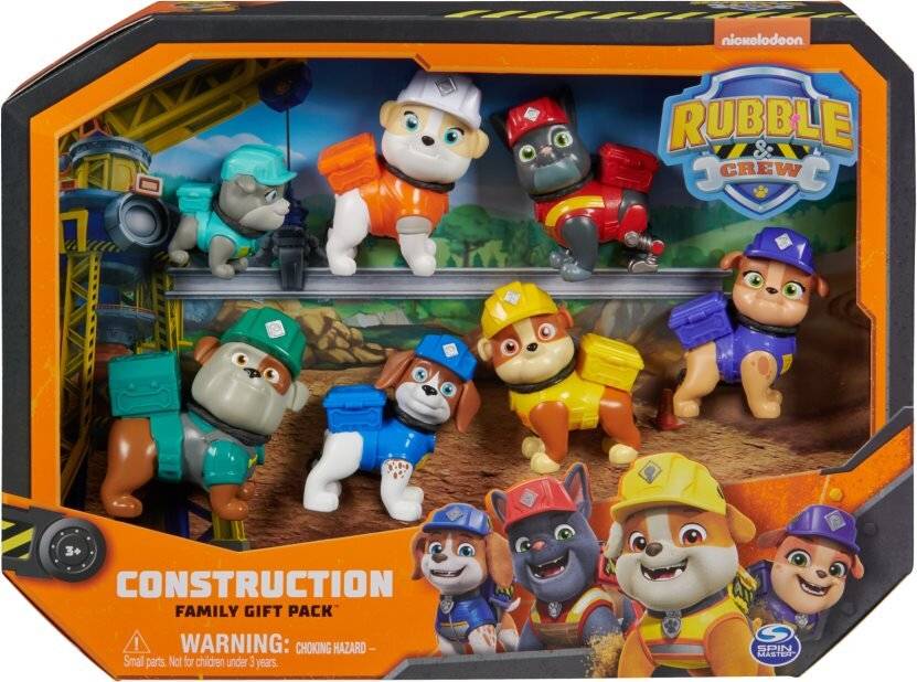 Paw Patrol Rubble & Crew Konstruktions-Familiengeschenkset in einer Box mit mehreren Charakterfiguren in einem Kunststoff-Anzeigefen­ster.