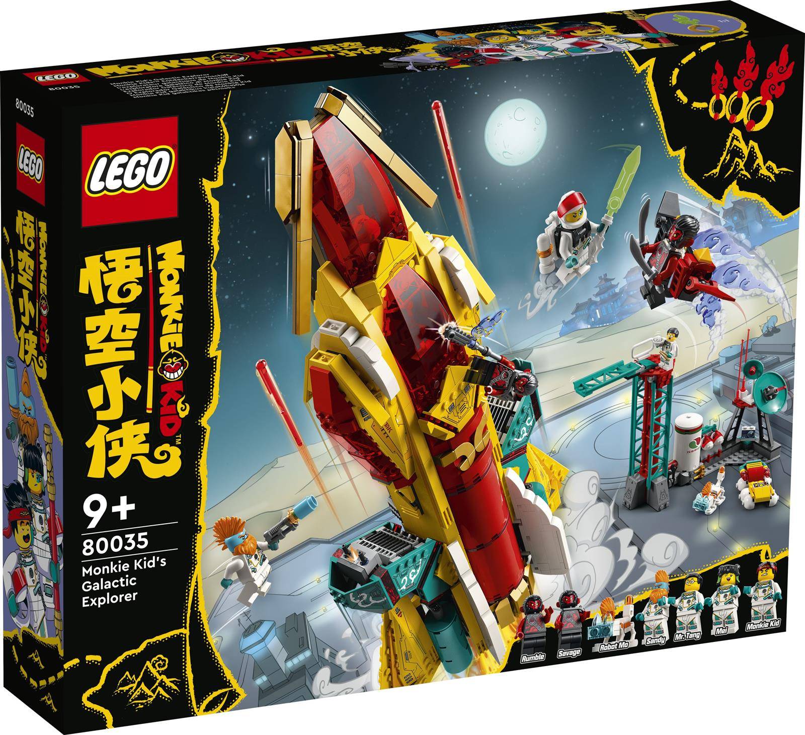 Lego Monkie Kid's Galactic Explorer' Schachtel mit einem Raumschiff-Set, Minifiguren, Weltraum-Szenerie und grafischen Elementen. Ab 9 Jahren.
