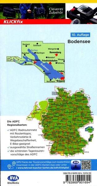 ADFC-Regionalkarte Bodensee, 1:50.000, reiß- und wetterfest, mit kostenlosem GPS-Download der Touren via BVA-website oder Karten-App