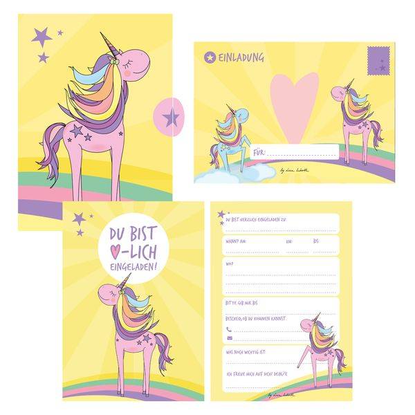 12 Einladungskarten Geburtstag Einhorn (Mädchen). Handgemachte Einladungskarten Kindergeburtstag inkl. 12 liebevollen Hand designten Briefumschlägen