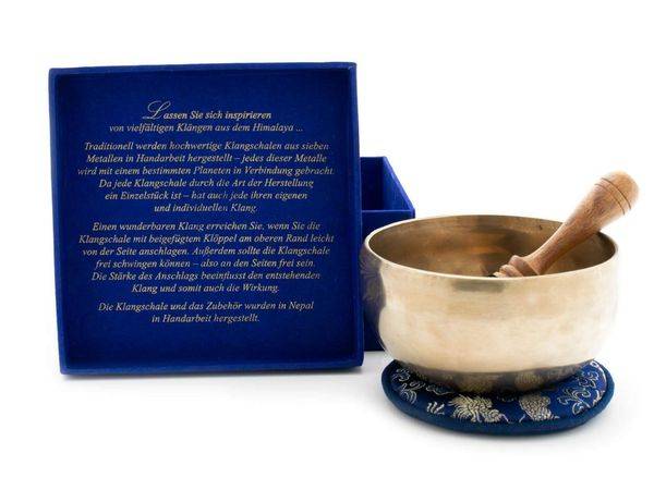 Klangschale in blauer Geschenkbox S mit Lotus-Aufdruck und Zubehör