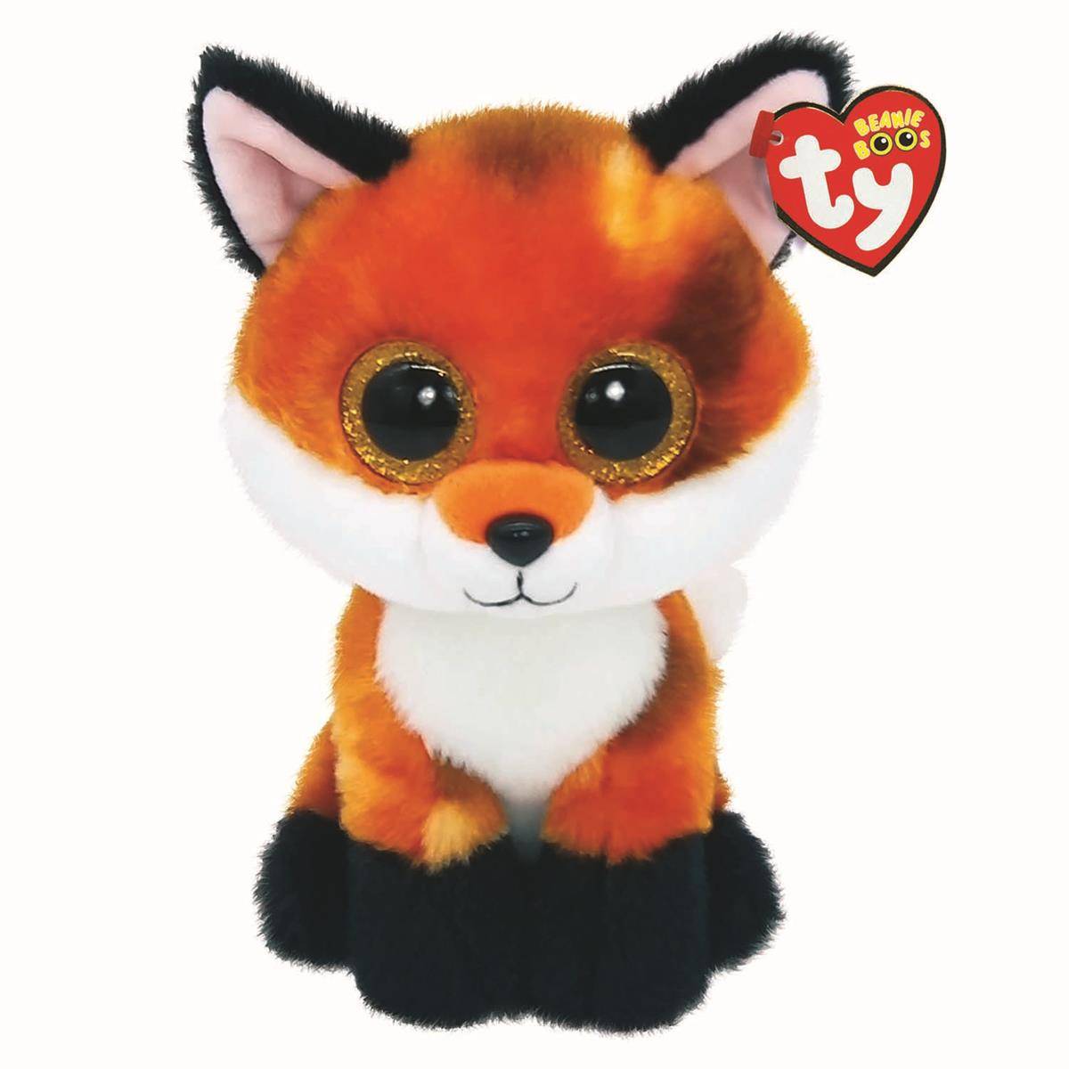 Ein kuscheliges Spielzeugfuchs mit großen funkelnden Augen und buschigem Schwanz, aufrecht sitzend. Das Etikett trägt die Aufschrift „Beanie Boos