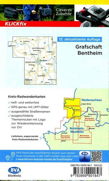Radwanderkarte BVA Radwandern in der Grafschaft Bentheim 1:50.000, reiß- und wet