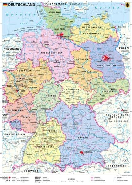 Deutschland, politisch 1 : 1 000 000. Wandkarte Kleinformat ohne Metallstäbe