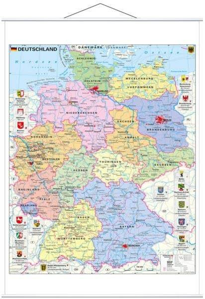 Deutschland politisch mit Wappen 1 : 700.000. Wandkarte mit Metallbeleistung