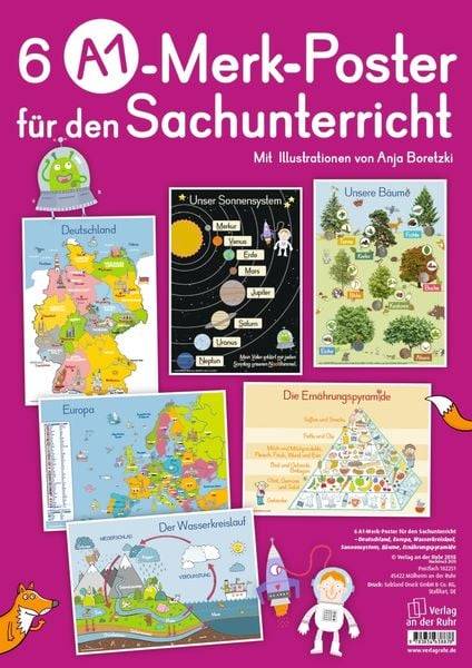 6 A1-Poster für den Sachunterricht - Deutschland, Europa, Wasserkreislauf, Sonnensystem, Bäume, Ernährungspyramide