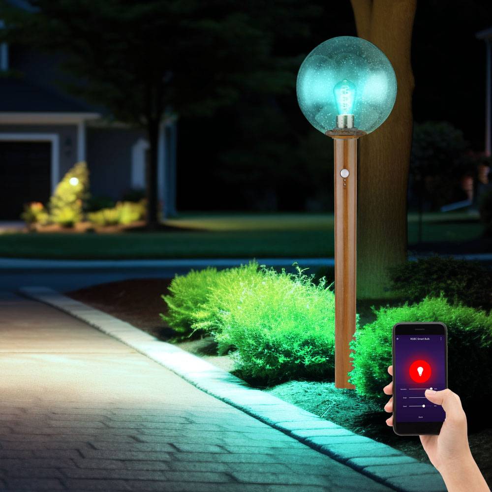 Smart Gartenleuchte mit Bewegungsmelder Außenleuchte Stehlampe moderne Terrassenlampe, Holzoptik, App Steuerung dimmbar CCT, RGB LED 8,5W 806Lm, DxH