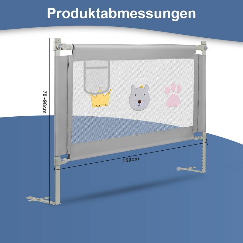 Bettgitter Bettschutzgitter Höhenverstellbar Kinderbettgitter 150 x 98 cm Gitter Kinderbett Fallschutz Bett Darkgray