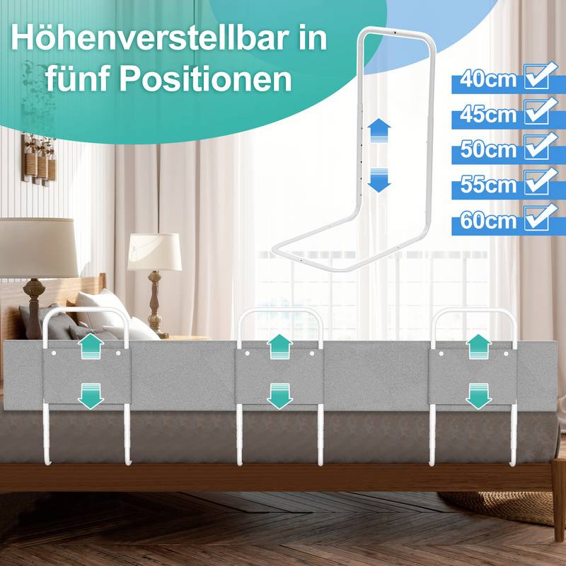 Bettgitter Bettschutzgitter 5-Loch Höhenverstellbar 200cm Rausfallschutz Bett, Kinderbettgitter, Babybettgitter Sicher, Einfach zu Montieren, Grau