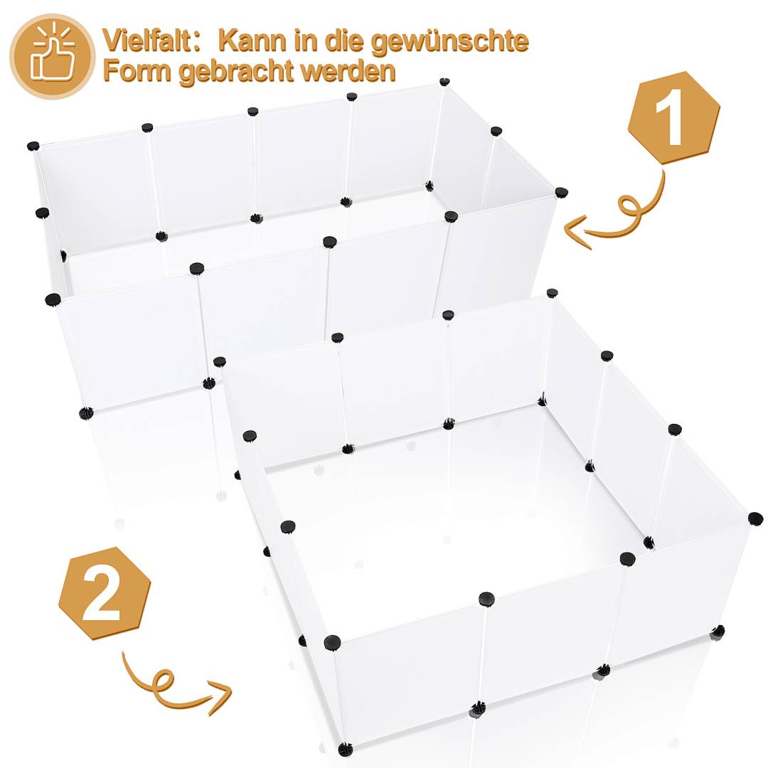 Weiße modulare Trennwandpaneele mit schwarzen Verbindern können in verschiedene Formen angeordnet werden; deutscher Text besagt „Vielfalt: Kann in gewünschte Form gebracht werden" mit Schritten 1 und 2.