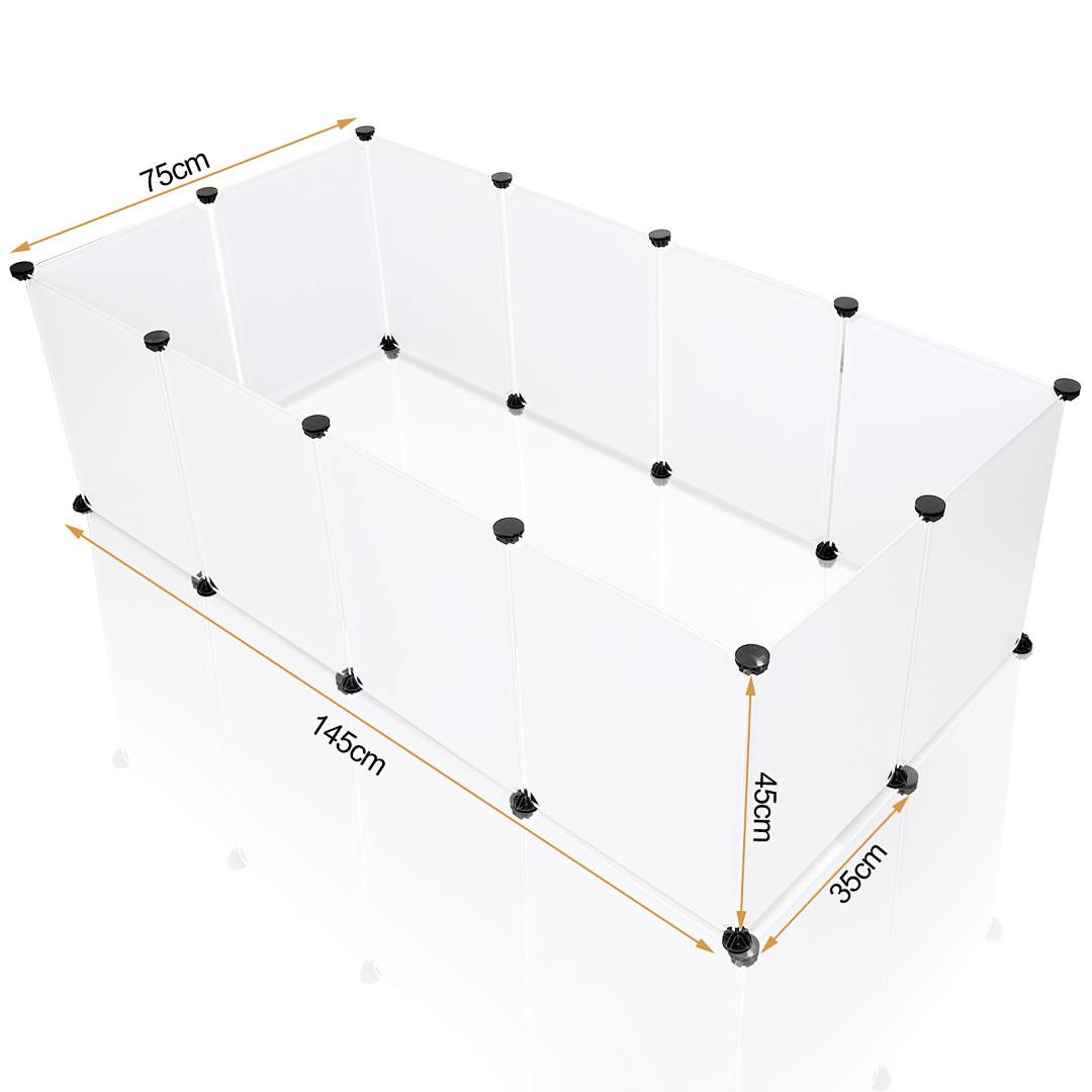 Diagramm eines rechteckigen Gitterlaufstalls oder Lagerstalls mit beschrifteten Abmessungen: 145 cm Länge, 75 cm Breite und 45 cm Höhe, plus ein 35 cm Seitenabschnitt.
