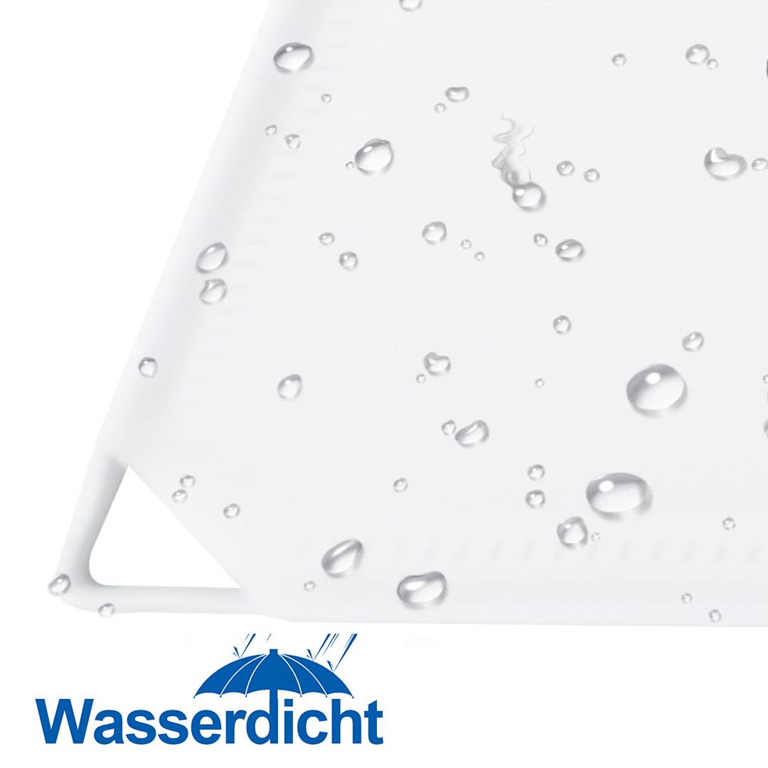 Weißer wasserdichter Stoff mit Wassertropfen und dem blauen Wort „Wasserdicht" mit einem Regenschirm-Symbol.