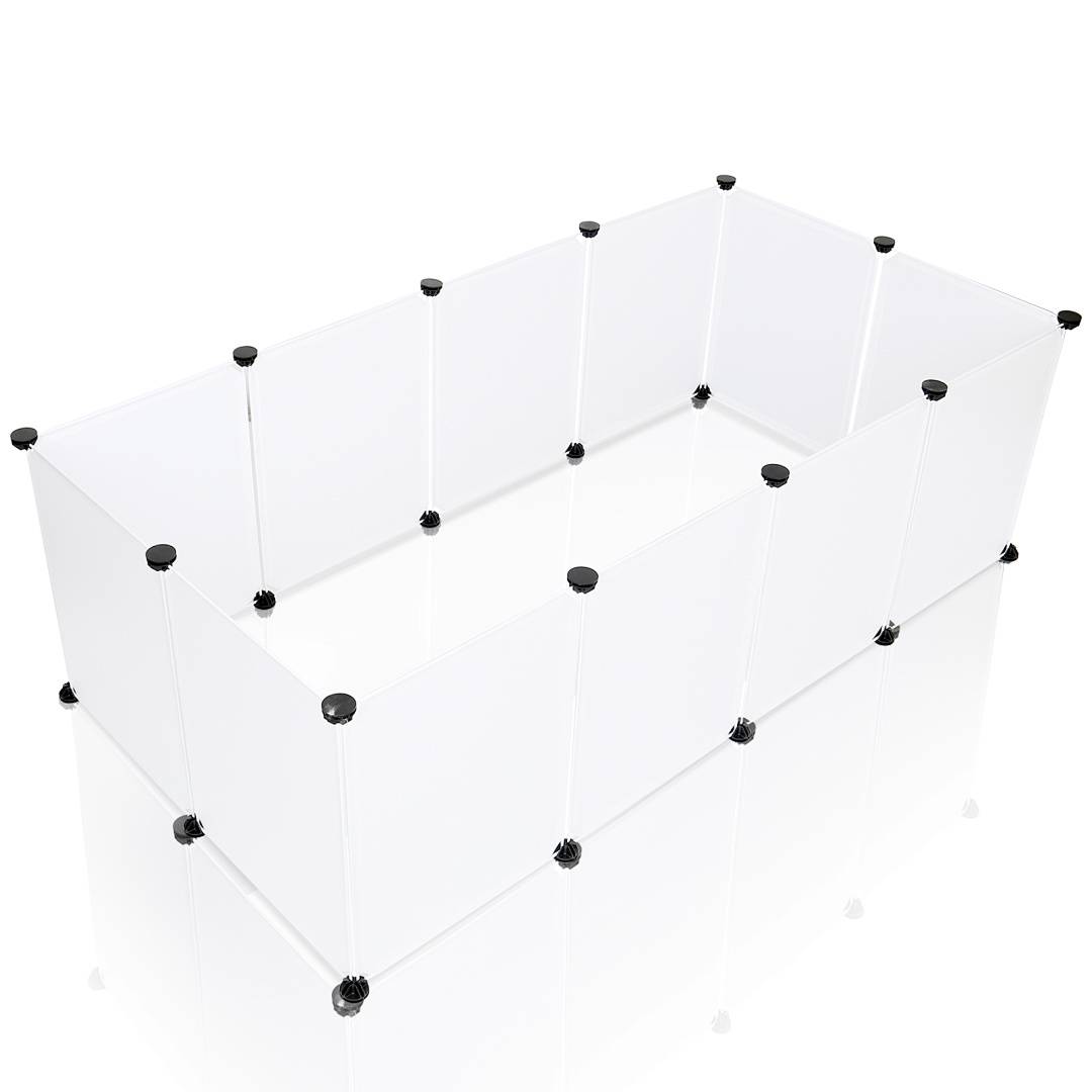 Transparente modulare Regaleinheit mit schwarzen Verbinderkappen, dargestellt als 3D-Produktrender auf weißem Hintergrund.