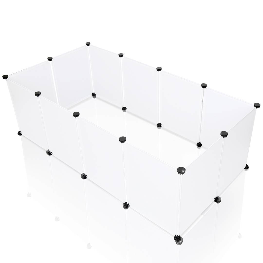 Transparente rechteckige Acryl-Anzeigevitrinen mit schwarzen Eckverbindern, oben offen auf weißem Hintergrund gezeigt.