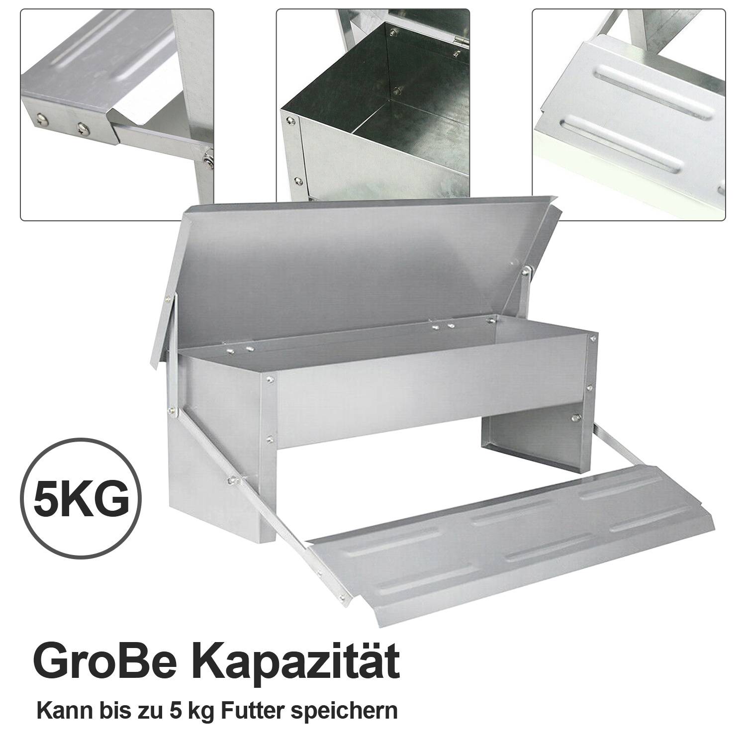 Edelstahl-Futterlagerbehälter für Haustiere mit Deckel und ausziehbarem Tablett, beschriftet mit „5 kg