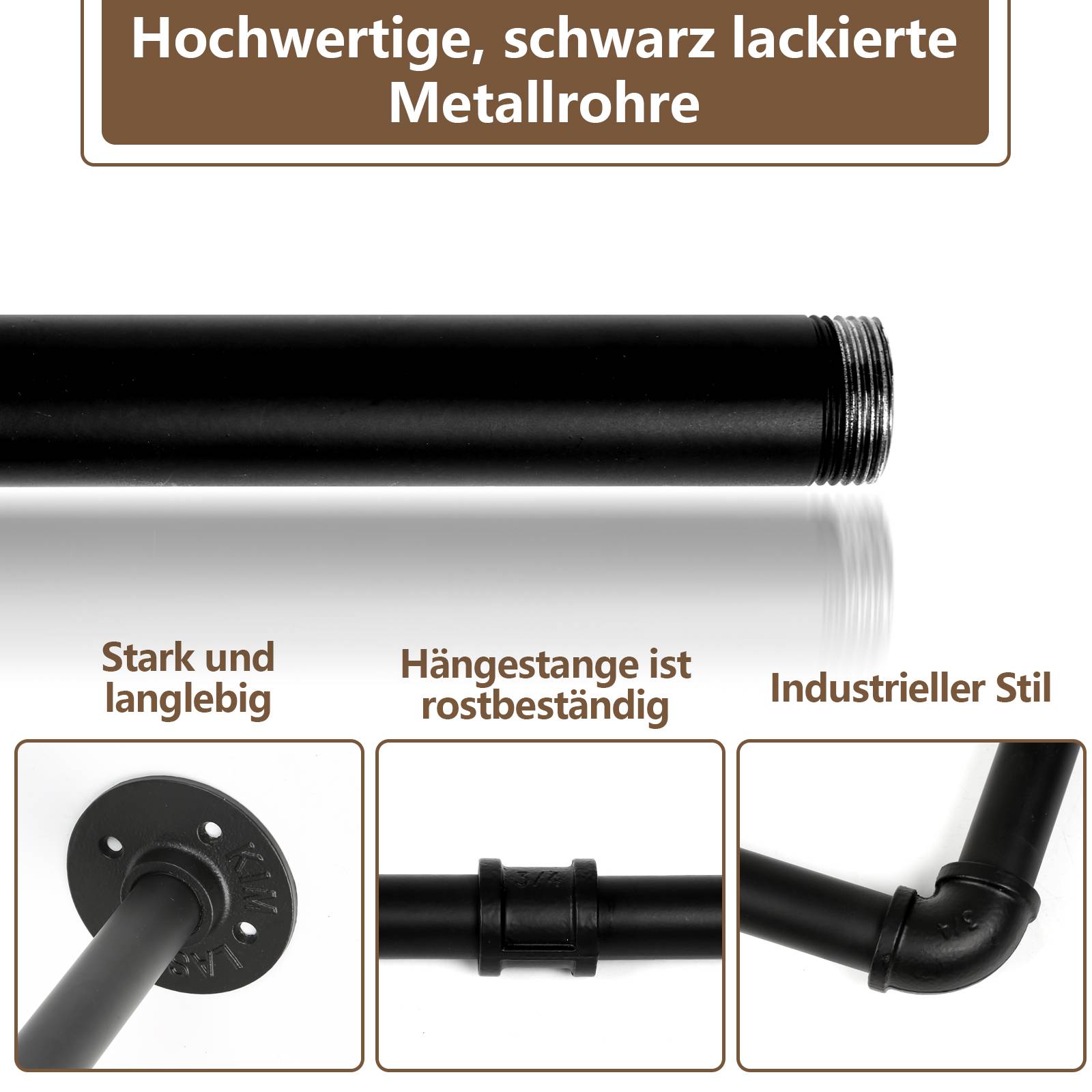 Kleiderstange (2 St),Kleiderständer für die Wand,65 kg Belastbarkeit,Kleiderstange Garderobenstange im Industrie-Design,schwarz