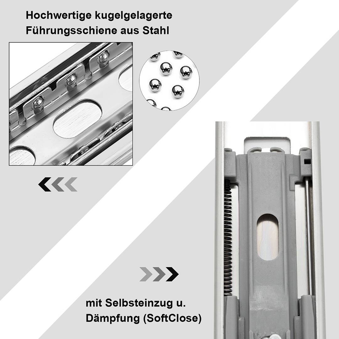 Hochwertiges stahlkugelgelagertes Schubladenschienen-System mit Selbsteinzug und Soft-Close-Dämpfung, gekennzeichnet als "Hochwertige kugelgelagerte Führungsschiene aus Stahl"" und ""mit Selbsteinzug u. Dämpfung (SoftClose)"