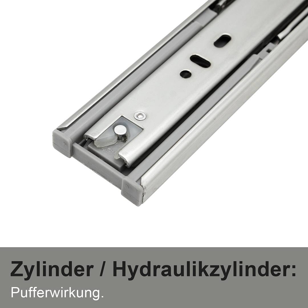 Nahaufnahme einer Metallschubladenschiene mit integriertem Hydraulikzylinder zur Pufferdämpfung mit sanftem Schließen.