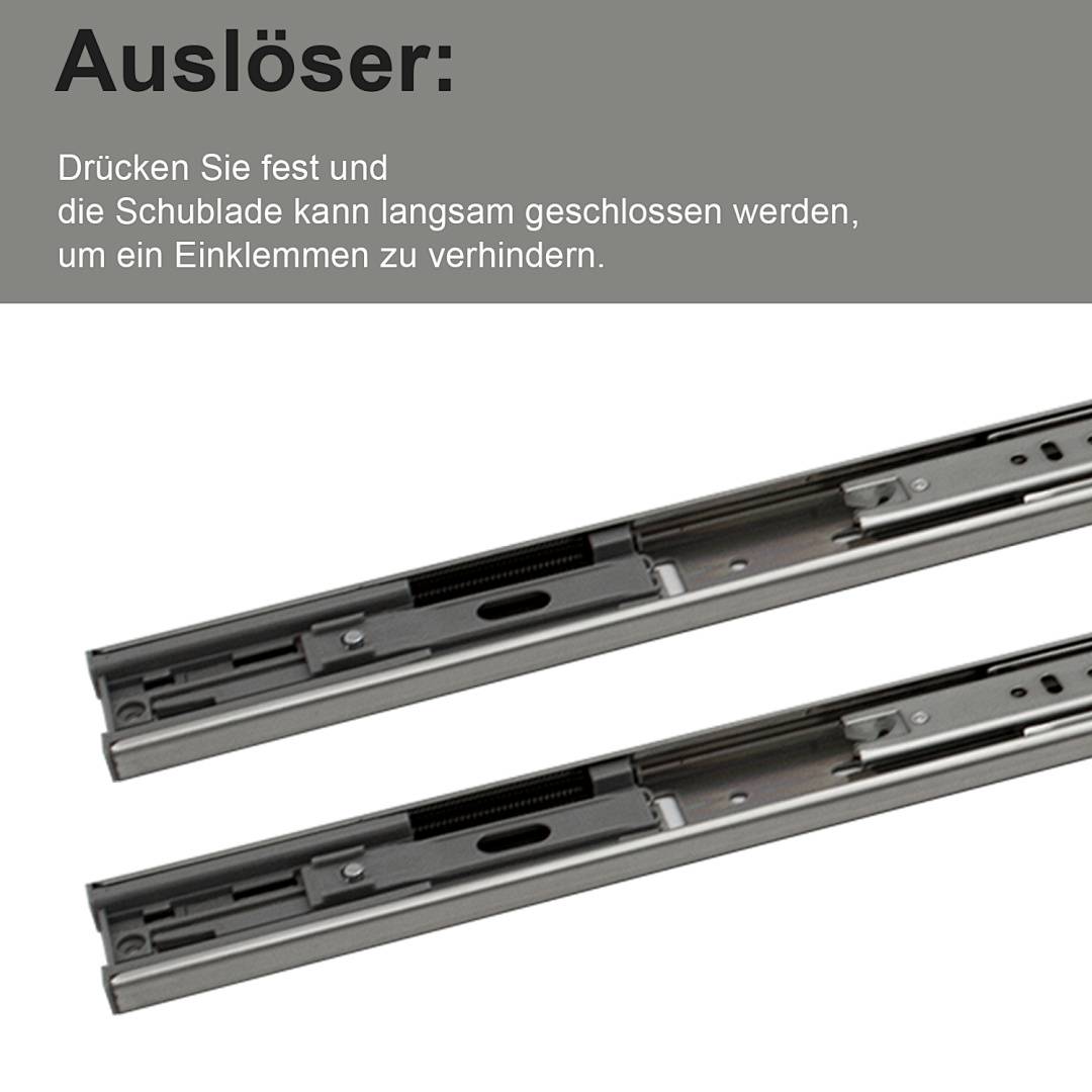 Fest drücken, damit die Schublade langsam schließen kann, um Quetschungen zu vermeiden, dargestellt mit zwei Schubladenlaufschienen.