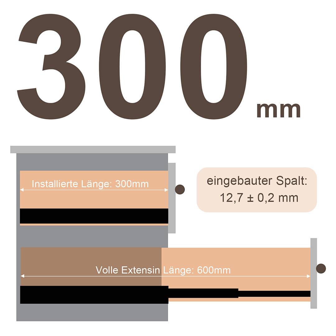 Diagramm zum Vergleich der Ausfahrlängen: Einbaulänge 300 mm, Einbaulücke 12,7 ± 0,2 mm und Gesamtausfahrlänge 600 mm.