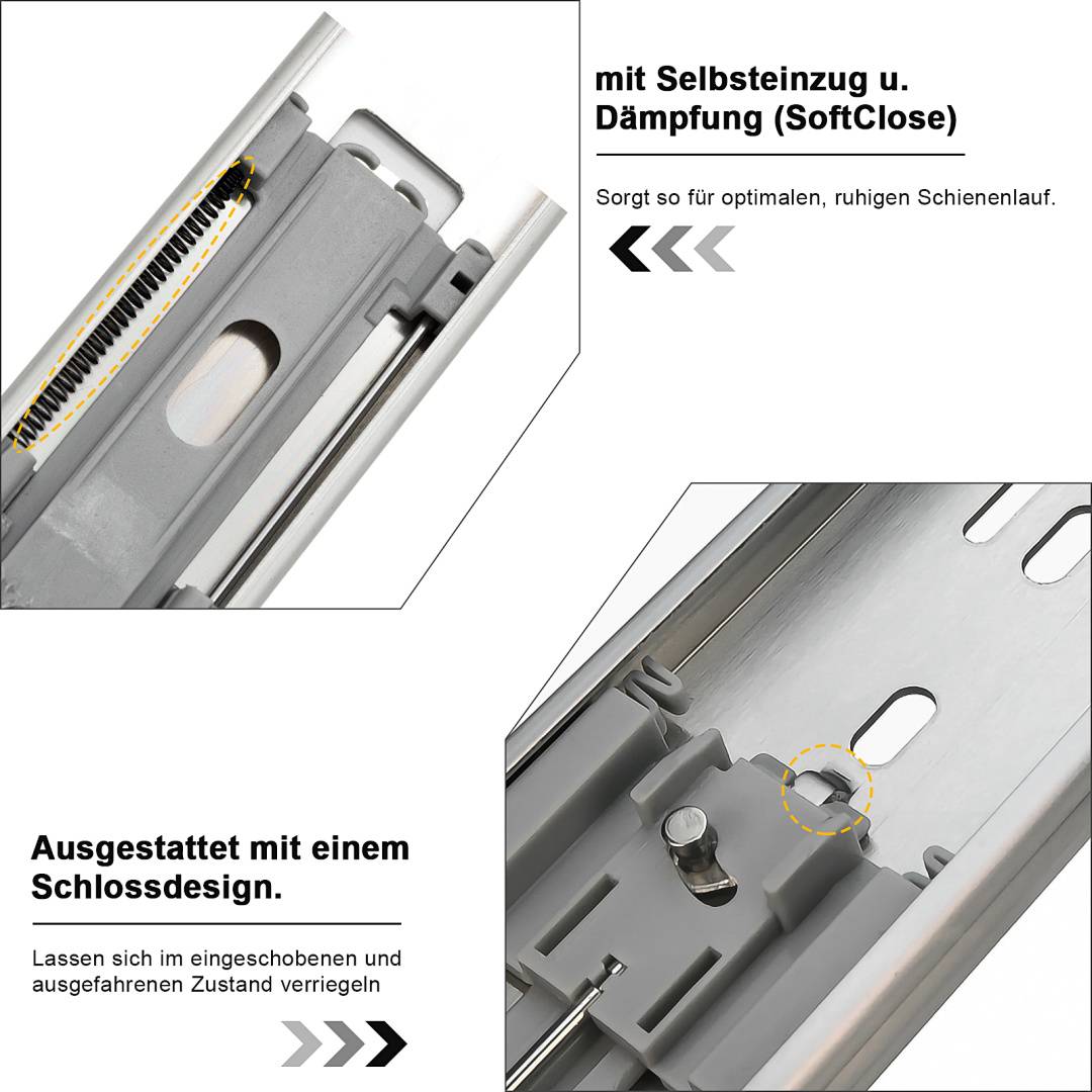 Nahaufnahme-Produktdiagramm einer Metallschubladenschiene mit Softschließ-Selbstrückzug und Verriegelungsdesign, mit deutschen Beschriftungen, die lautlose Bewegung und Verriegelung in offener oder geschlossener Position hervorheben.