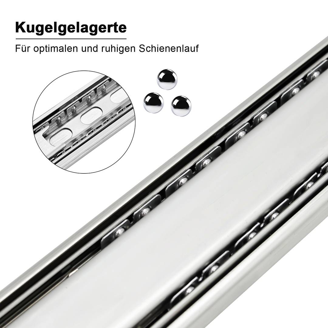 Kugelgelagerte Schubladenschiene mit eingefügter Nahaufnahme und drei Stahlkugeln; deutscher Text besagt „Kugelgelagerte" und „Für optimalen und ruhigen Schienenlauf"".